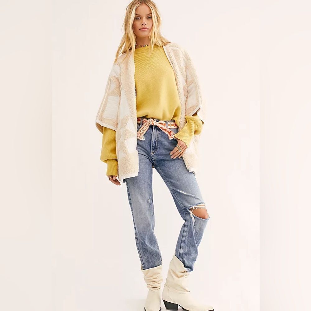 Free People Heirloom Cardigan Patchwork Embroidered Poncho Sweater Neutral Large